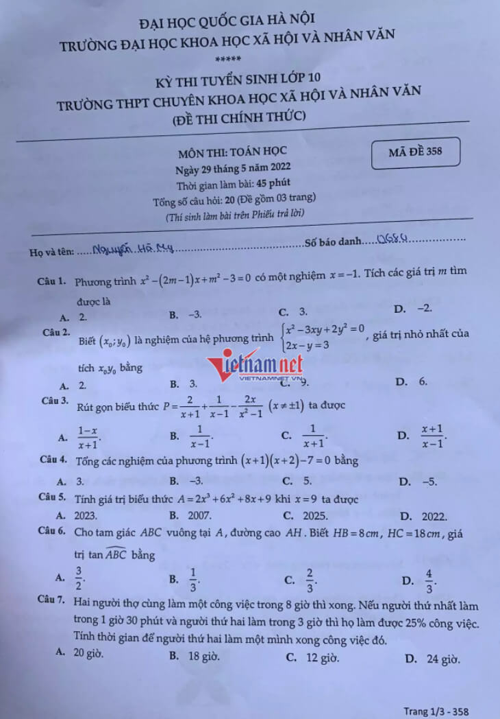 Đề thi Toán chung vào 10 Chuyên KHXH&NV 2022 ảnh 1