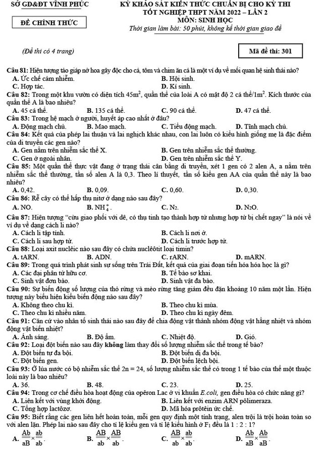 Đề thi thử môn Sinh 2022 của Sở GD Vĩnh Phúc lần 2 trang 1
