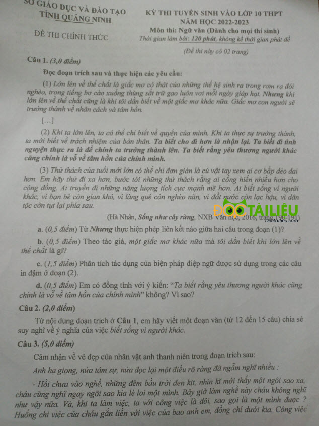 Đề thi tuyển sinh lớp 10 môn văn Quảng Ninh 2022 ảnh 1