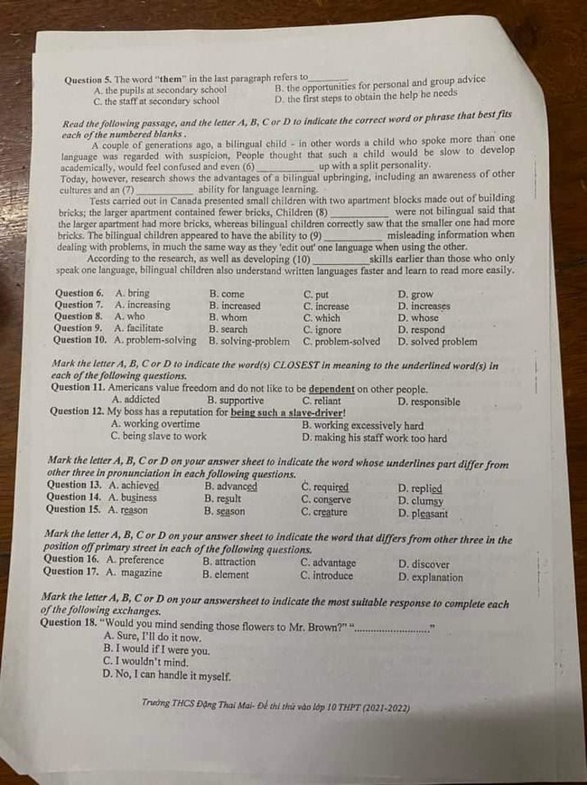 Đề thi thử vào 10 môn Tiếng Anh 2022 THCS Đặng Thai Mai - Nghệ An trang 2