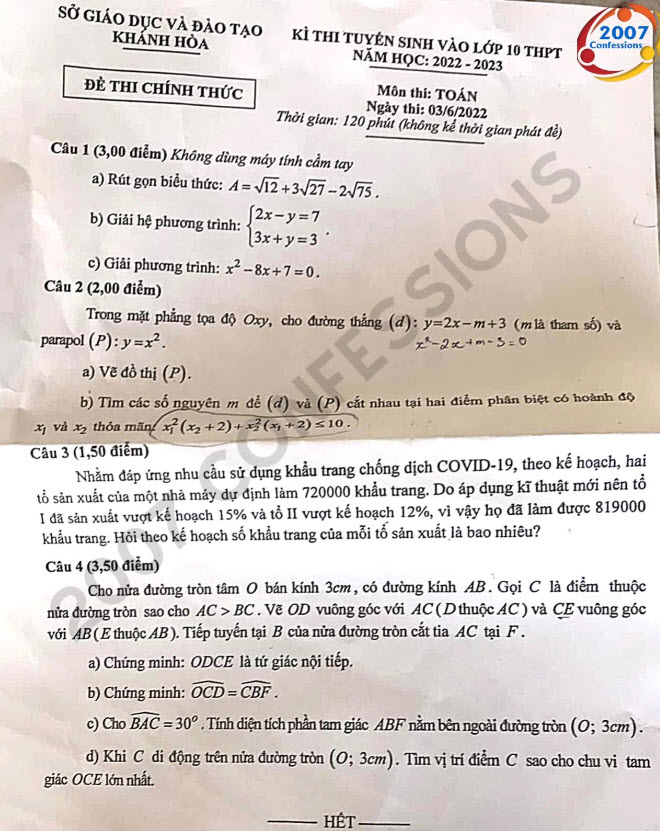 Đề thi vào lớp 10 môn toán tỉnh Khánh Hoà năm 2022