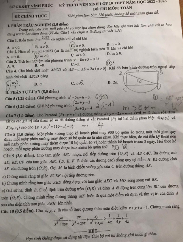Đề thi vào lớp 10 môn toán tỉnh Vĩnh Phúc 2022