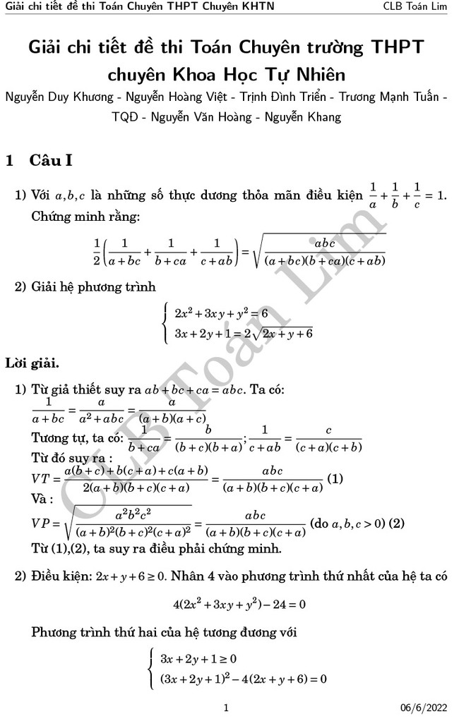 Đáp án đề thi vòng 2 chuyên Toán KHTN năm 2022 ảnh 1