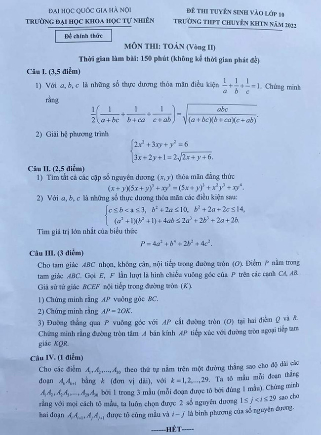 Đề thi vòng 2 chuyên Toán KHTN (Hà Nội) năm 2022