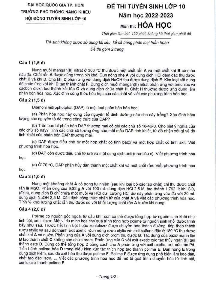 Đề thi chuyên hóa lớp 10 PTNK năm học 2022 trang 1