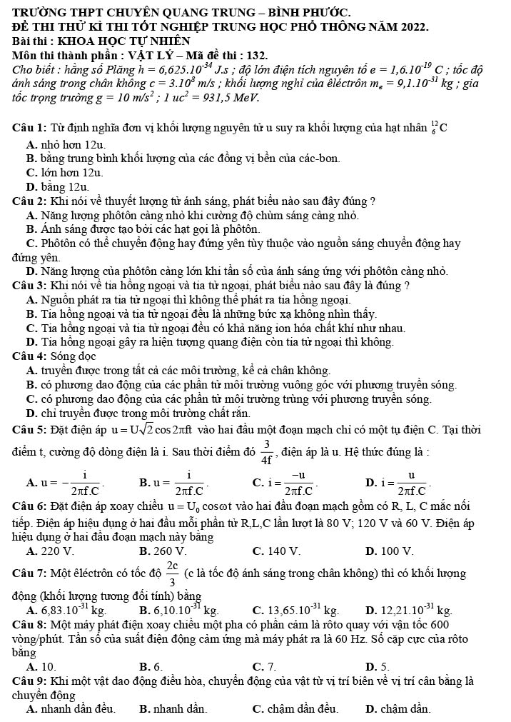 Đề thi thử THPT quốc gia 2022 môn Lý Chuyên Quang Trung trang 1