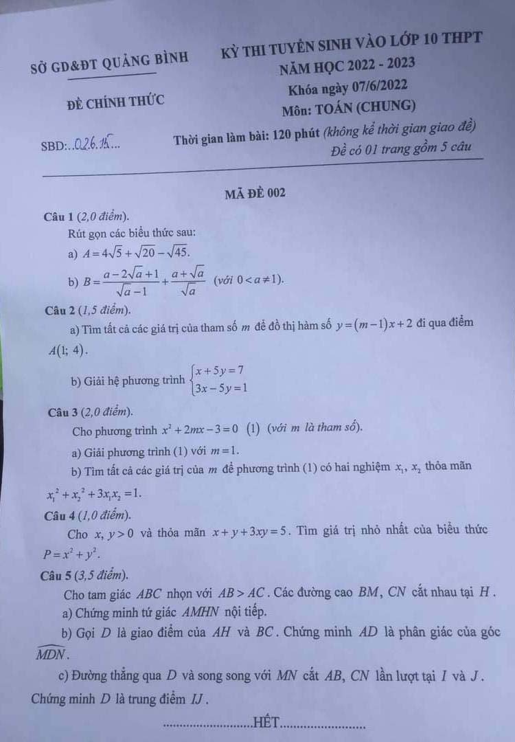 Đáp án đề thi vào lớp 10 môn Toán Quảng Bình 2022