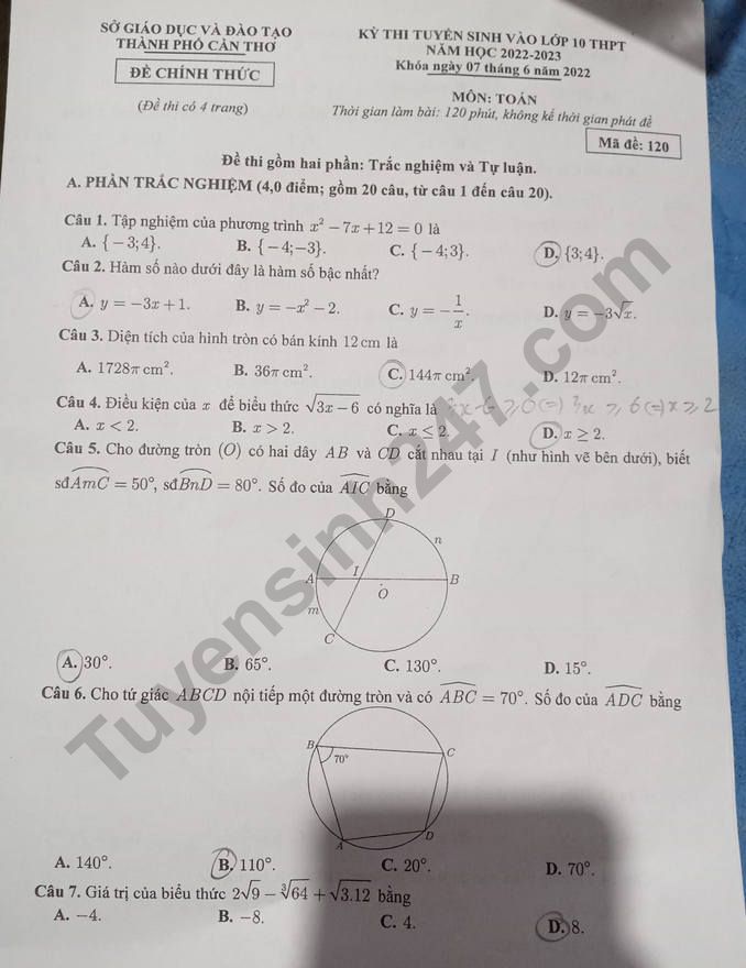 Đáp án đề thi tuyển sinh lớp 10 môn Toán Cần Thơ 2022-2023 mã đề 120 hình 1