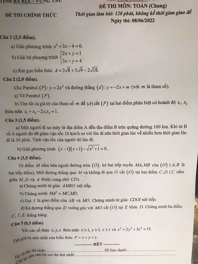 Đề thi tuyển sinh lớp 10 môn Toán Vũng Tàu 2022