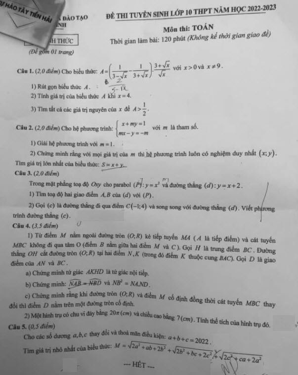 Đề thi vào lớp 10 môn Toán 2022 tỉnh Thái Bình