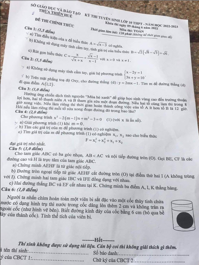 Đáp án đề thi vào lớp 10 môn Toán Huế 2022