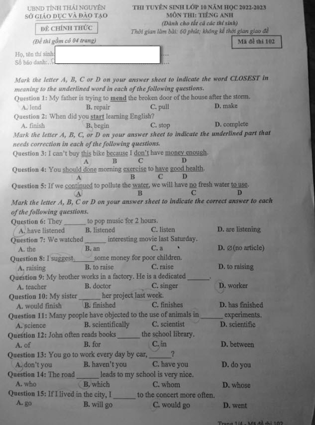 đề thi vào lớp 10 môn Anh tỉnh Thái Nguyên 2022 mã 102 ảnh 1