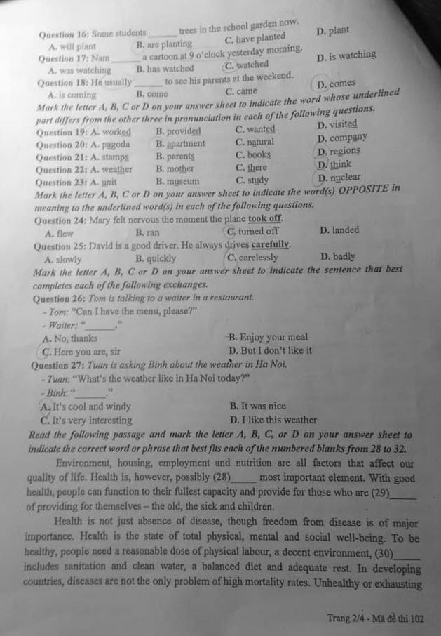 đề thi vào lớp 10 môn Anh tỉnh Thái Nguyên 2022 mã 102 ảnh 2