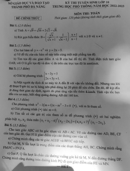  đề thi tuyển sinh lớp 10 môn Toán Đà Nẵng 2022 ảnh 1