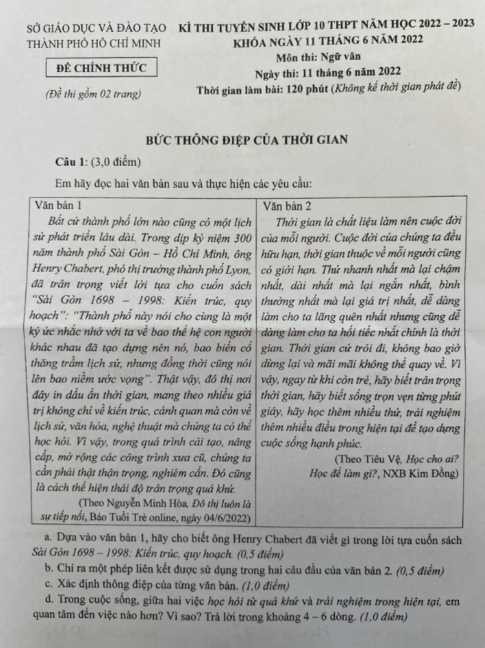 Đề thi tuyển sinh lớp 10 môn văn HCM năm học 2022 ảnh 1