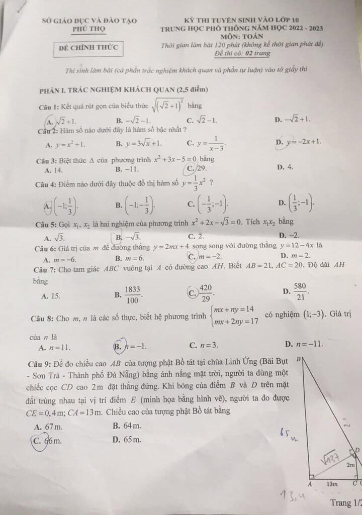 đề thi vào 10 môn Toán Phú Thọ 2022 ảnh 1
