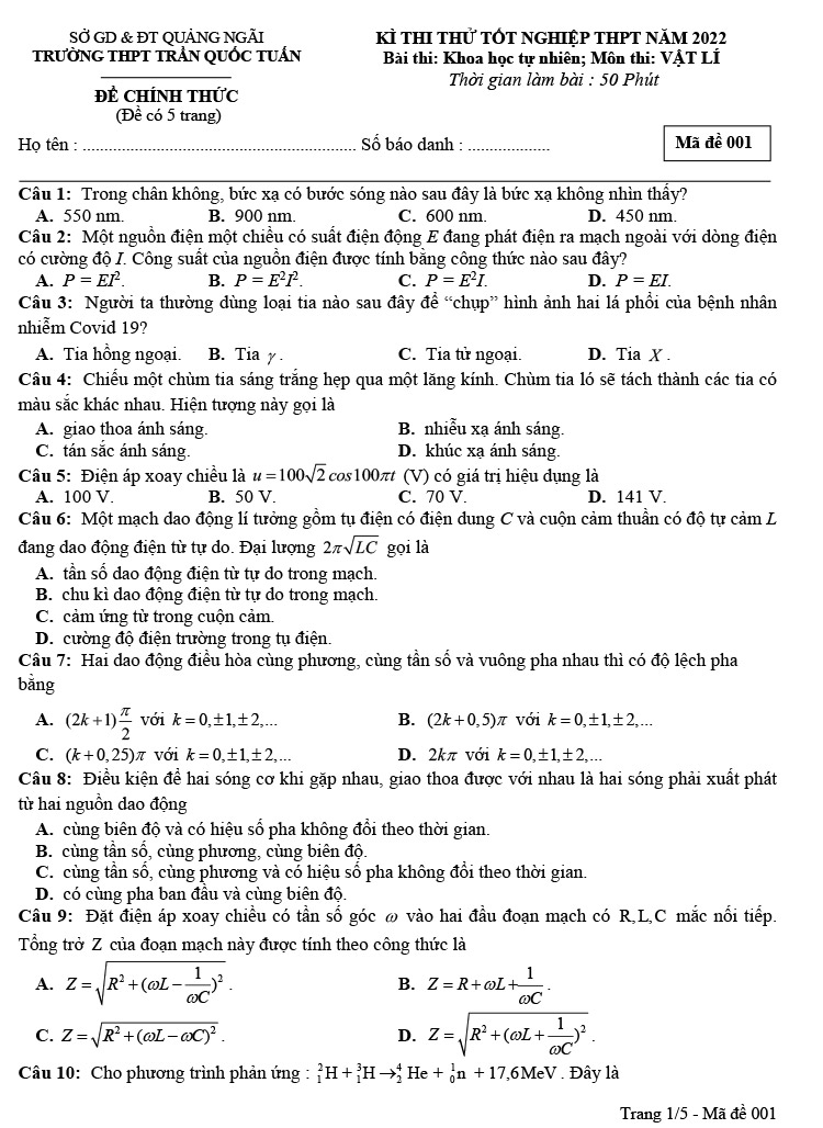 Đề thi thử tốt nghiệp 2020 môn lý trường Trần Quốc Tuấn lần 3 ảnh 1