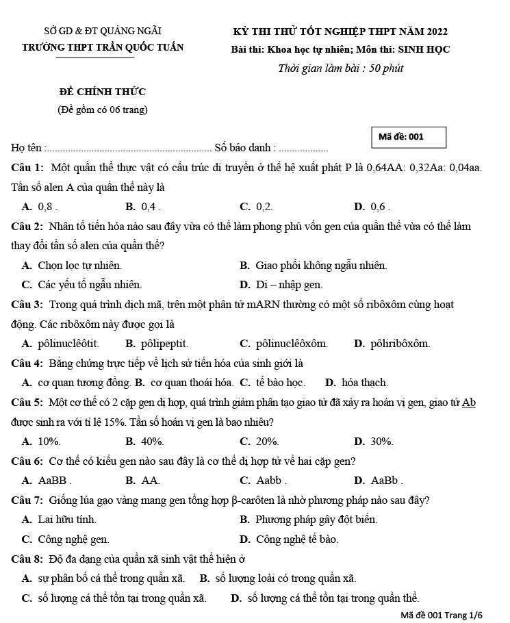 Đề thi thử tốt nghiệp môn sih 2022 trường Trần Quốc Tuấn lần 3 ảnh 1