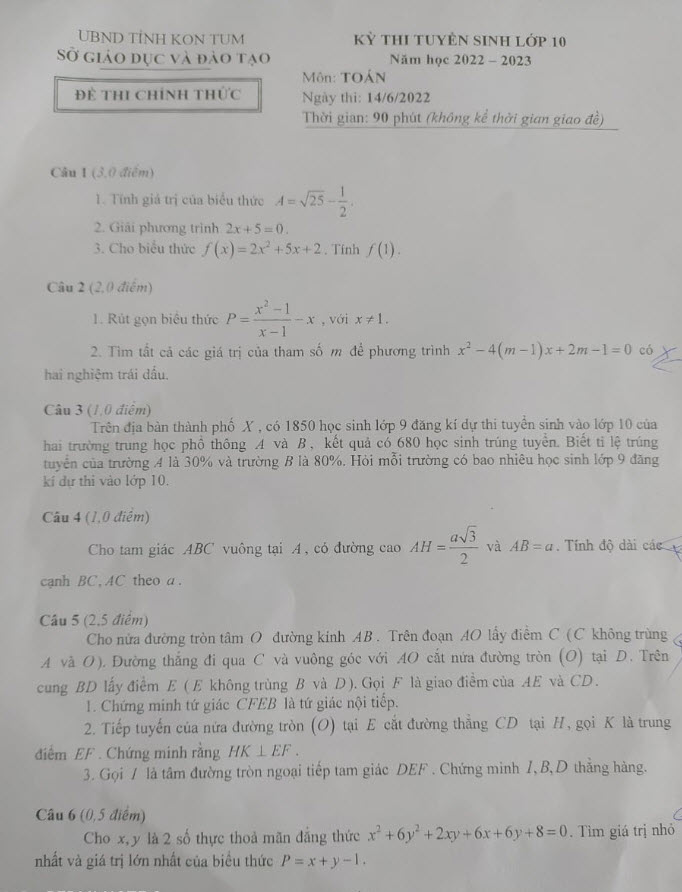 Đề thi tuyển sinh lớp 10 môn Toán Kon Tum 2022
