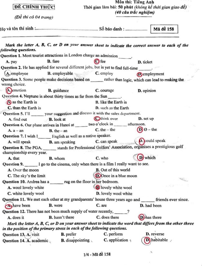 Đáp án đề thi vào 10 môn tiếng Anh tỉnh Bắc Ninh 2022 mã 158 ảnh 1