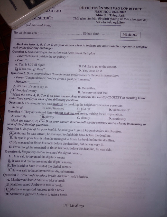 Đề thi tuyển sinh lớp 10 môn Anh Bắc Ninh 2022 ảnh 1