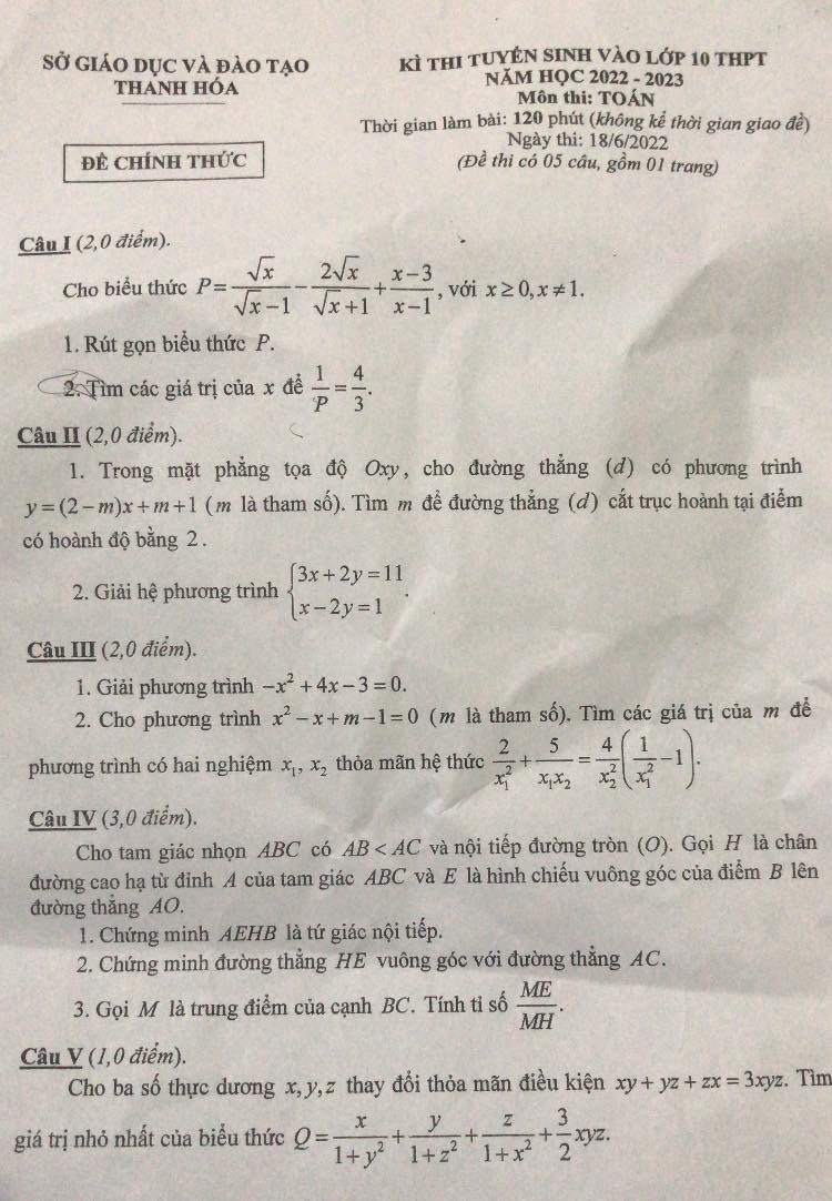 Đề thi vào 10 môn toán Thanh Hoá năm 2022
