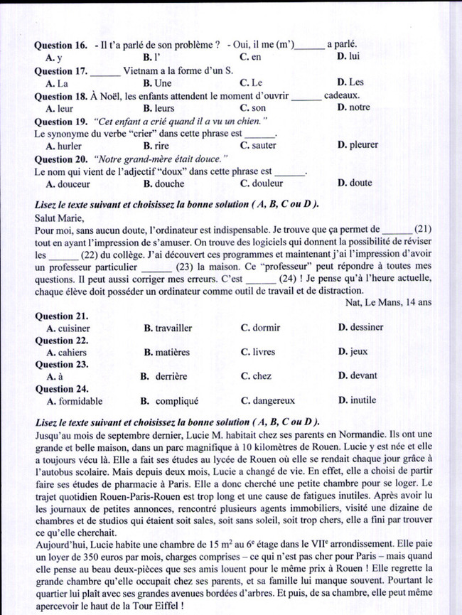 Đề thi chính thức Tiếng Pháp vào lớp 10 TP Hà Nội 2022 trang 2