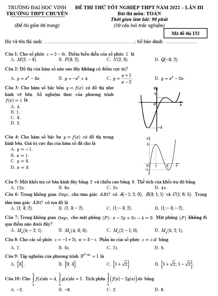 Đề thi thử THPT Quốc gia 2022 môn Toán Chuyên ĐH Vinh lần 3