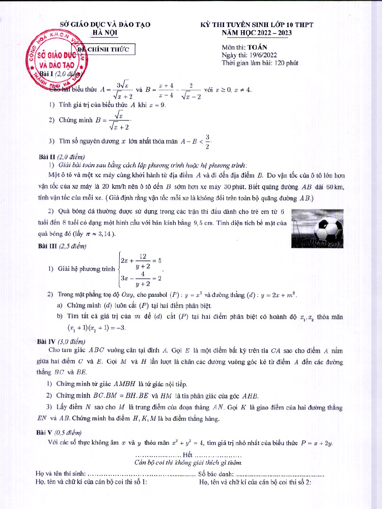 đề thi vào 10 môn toán Hà Nội 2022 chính thức