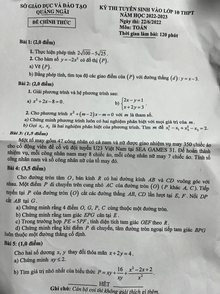 Đề thi tuyển sinh lớp 10 môn Toán Quảng Ngãi 2022