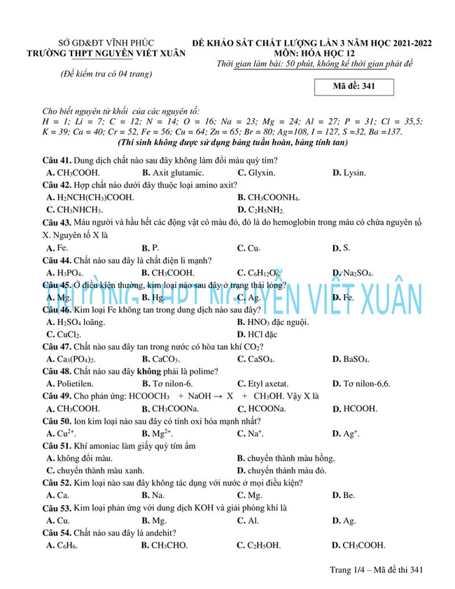 Đề thi thử hóa 2022 trường THPT Nguyễn Viết Xuân lần 3 trang 1