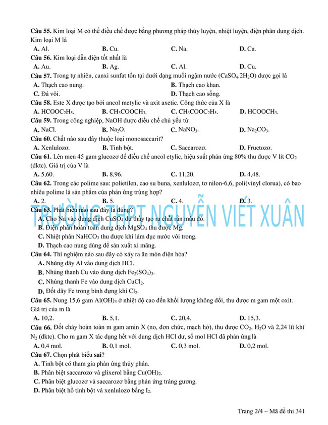 Đề thi thử hóa 2022 trường THPT Nguyễn Viết Xuân lần 3 trang 2