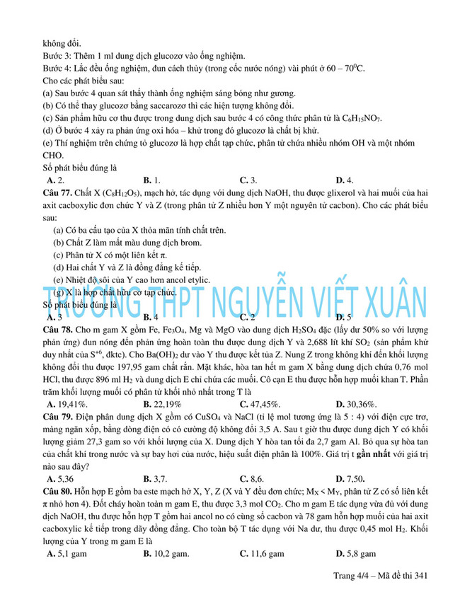 Đề thi thử hóa 2022 trường THPT Nguyễn Viết Xuân lần 3 trang 4