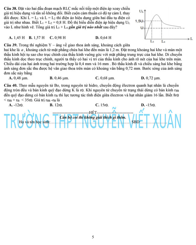 Đề thi thử môn lý 2022 trường THPT Nguyễn Viết Xuân lần 3 trang 5
