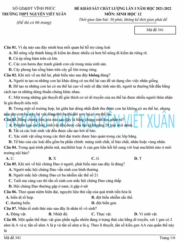 Đề thi thử môn Sinh 2022 THPT Nguyễn Viết Xuân lần 3 trang 1