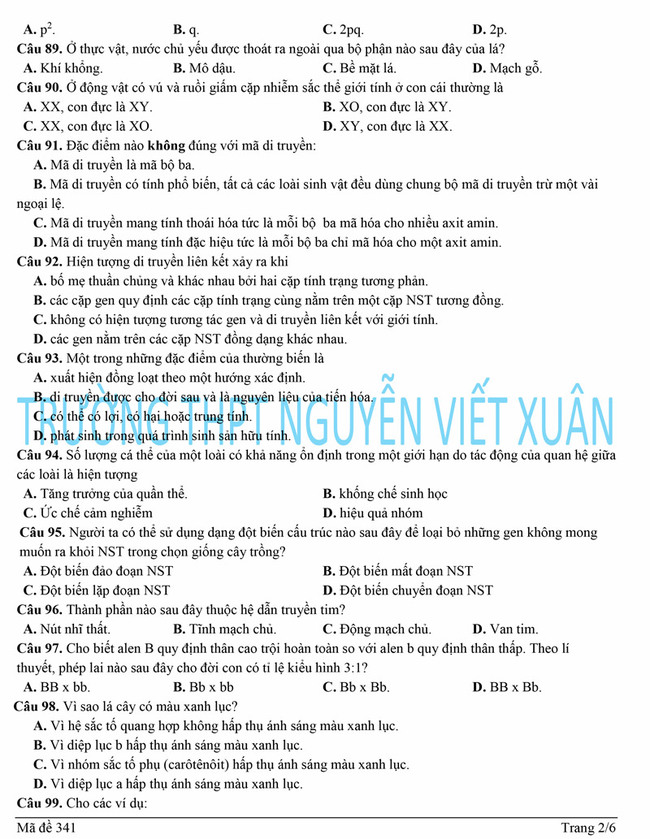 Đề thi thử môn Sinh 2022 THPT Nguyễn Viết Xuân lần 3 trang 2