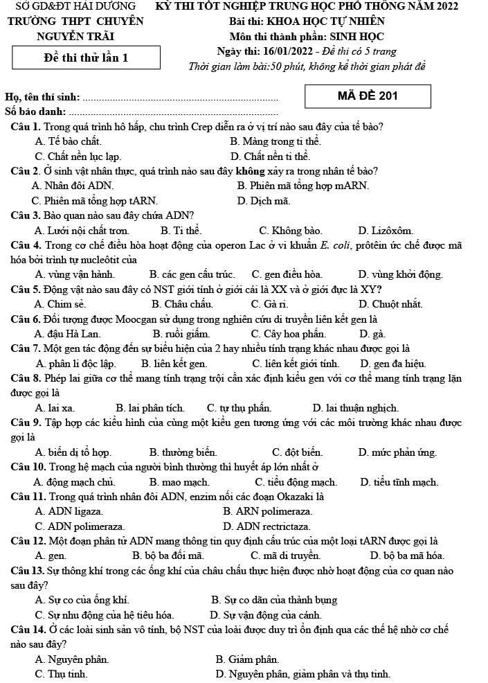 Đề thi thử môn Sinh 2022 Chuyên Nguyễn Trãi lần 1 trang 1
