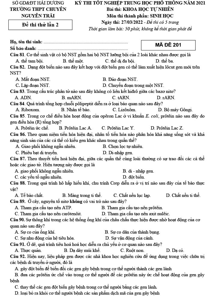 Đề thi thử môn Sinh 2022 Chuyên Nguyễn Trãi lần 2 trang 1