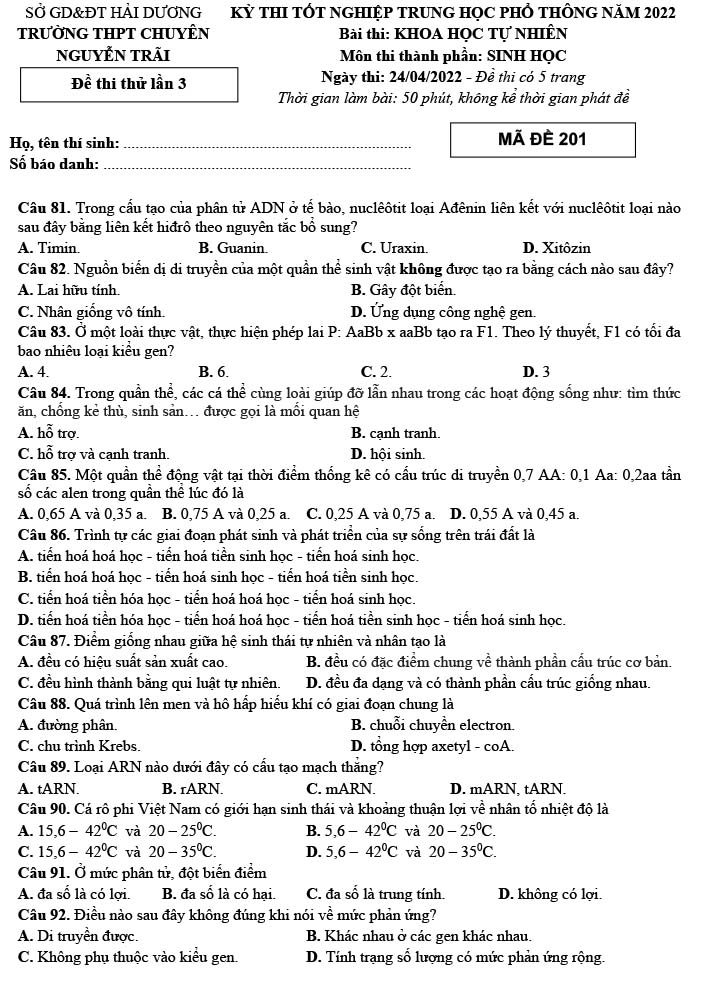 Đề thi thử môn Sinh 2022 Chuyên Nguyễn Trãi lần 3 trang 1