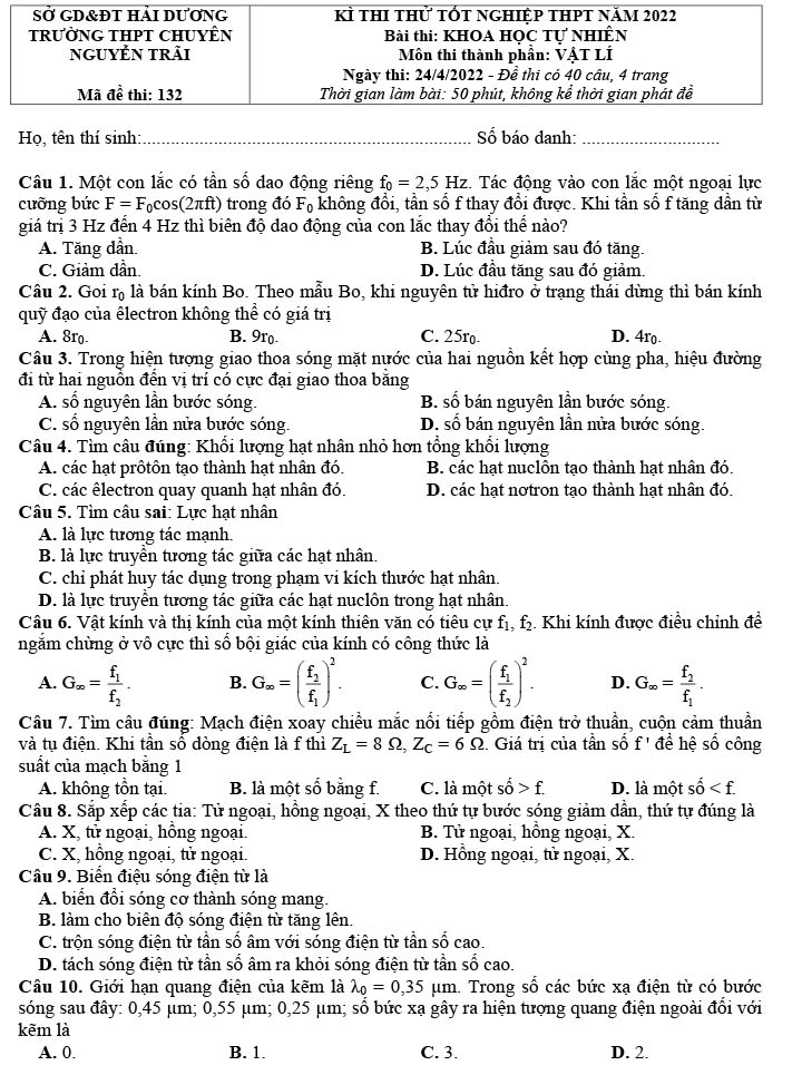 Đề thi thử THPT Quốc gia 2022 môn lý Chuyên Nguyễn Trãi lần 3 trang 1