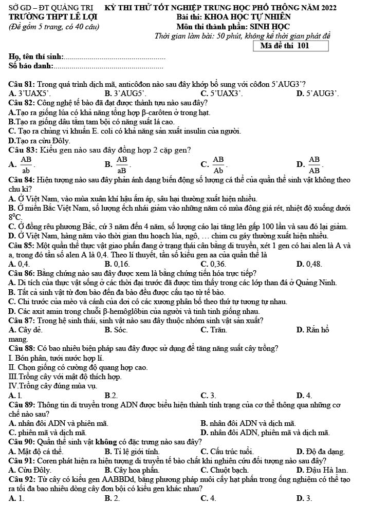 Đề thi thử môn Sinh 2022 THPT Lê Lợi - Quảng Trị trang 1