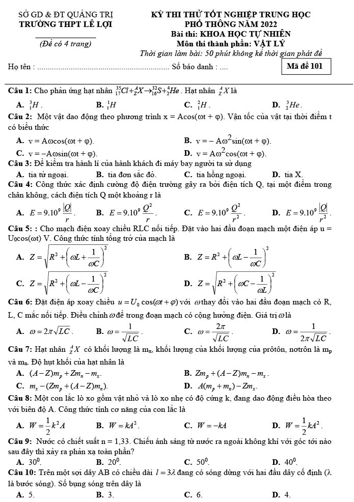 Đề thi thử THPT Quốc gia 2022 môn Lý Lê Lợi - Quảng Trị trang 1