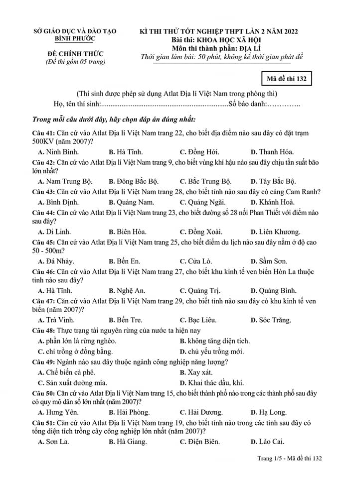 Đề thi thử THPT quốc gia 2022 môn Địa có đáp án Sở Bình Phước lần 2 trang 1