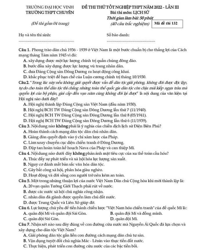 Đề thi thử THPT Quốc gia 2022 môn Lịch sử Chuyên ĐH Vinh lần 3 trang 1