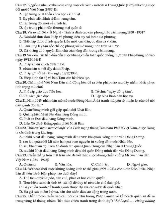 Đề thi thử THPT Quốc gia 2022 môn Lịch sử Chuyên ĐH Vinh lần 3 trang 3