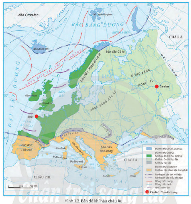 Hình 1.2 trang 99 SGK Địa lí 7 CTST : Bản đồ khí hậu châu Âu