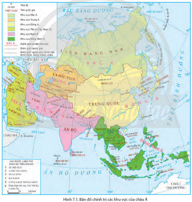 Hình 7.1 Bản đồ chính trị các khu vực của châu Á