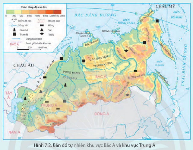 Hình 7.2 Bản đồ tự nhiên khu vực Bắc Á và Trung Á