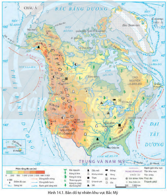Hình 14.1 Bản đồ tự nhiên khu vực Bắc Mỹ