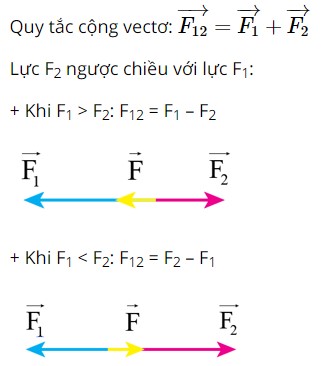 Biểu diễn quy tắc cộng vectơ cho trường hợp lực F2 ngược chiều với lực F1